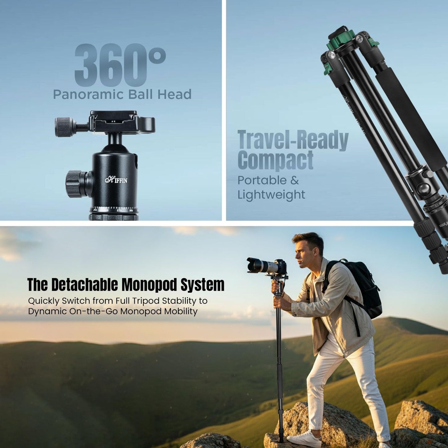 HF-550 1.651M (65") Camera Tripod for Canon Nikon DSLR, Aluminum Alloy