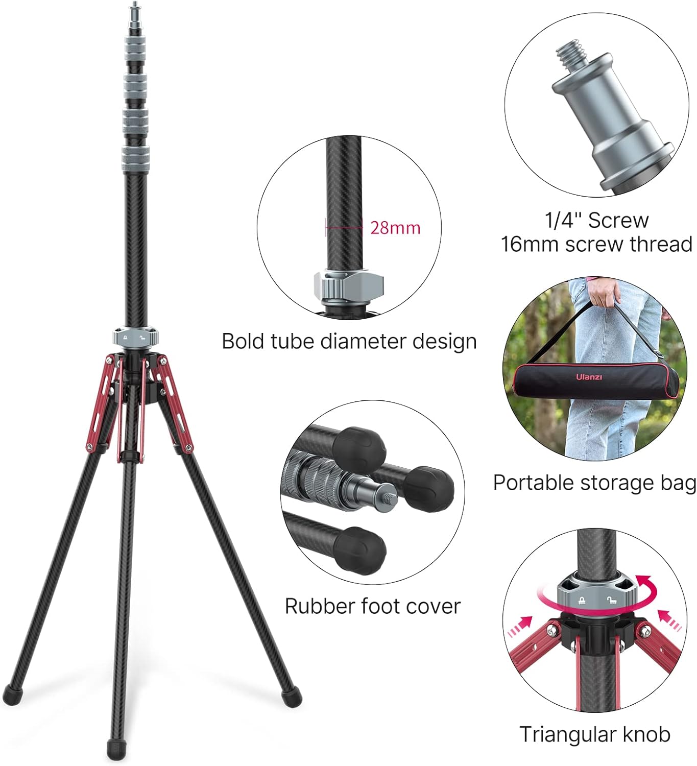 ULANZI MT-49 Carbon Fiber Light Stand, 194cm Tripod for Flash/Camera/Phone