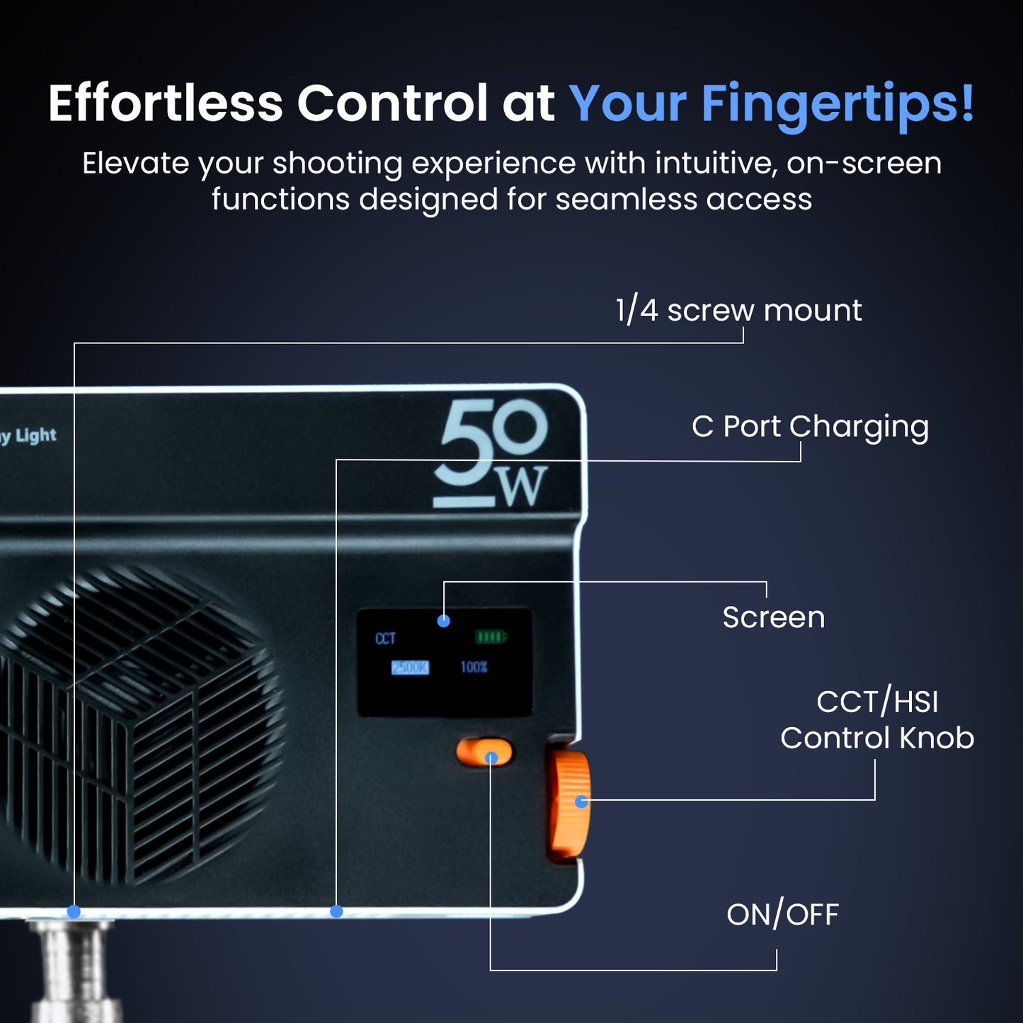 Panel Light 50 Watt RGB Video Light, 2500K-9000K, CRI 95+, 7000mAh, 24 FX, 6600lux