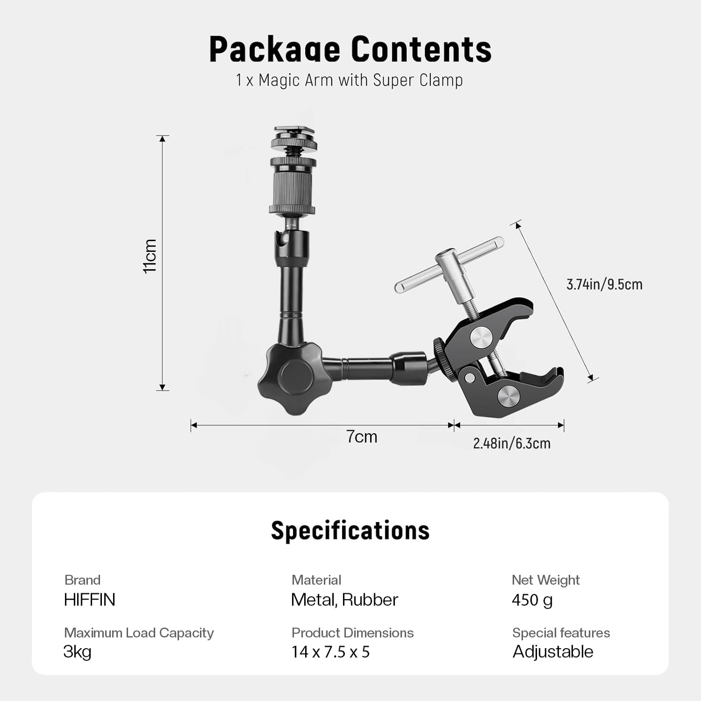 HIFFIN® 7 Inch Articulating Friction Magic Arm & Large Adjustable Super Rod Clamp Pliers Clip with 1/4" and 3/8" Thread for DSLR Camera Rig, LCD Monitor, LED Flash Lights (7'Arm & Clip)