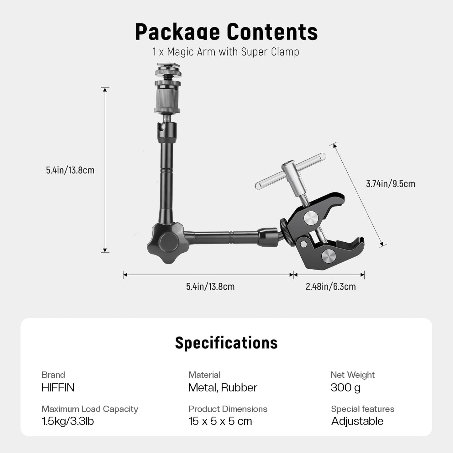 HIFFIN® 11inch Adjustable Articulating Friction Magic Arm & Large Super Clamp for Camera Rig, LCD Monitor, LED Flash Lights (11 inch Magic arm+clamp)