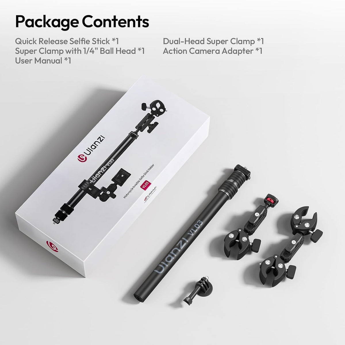 ULANZI VL03 40in Invisible Selfie Stick Motorcycle Bike Mount Kit