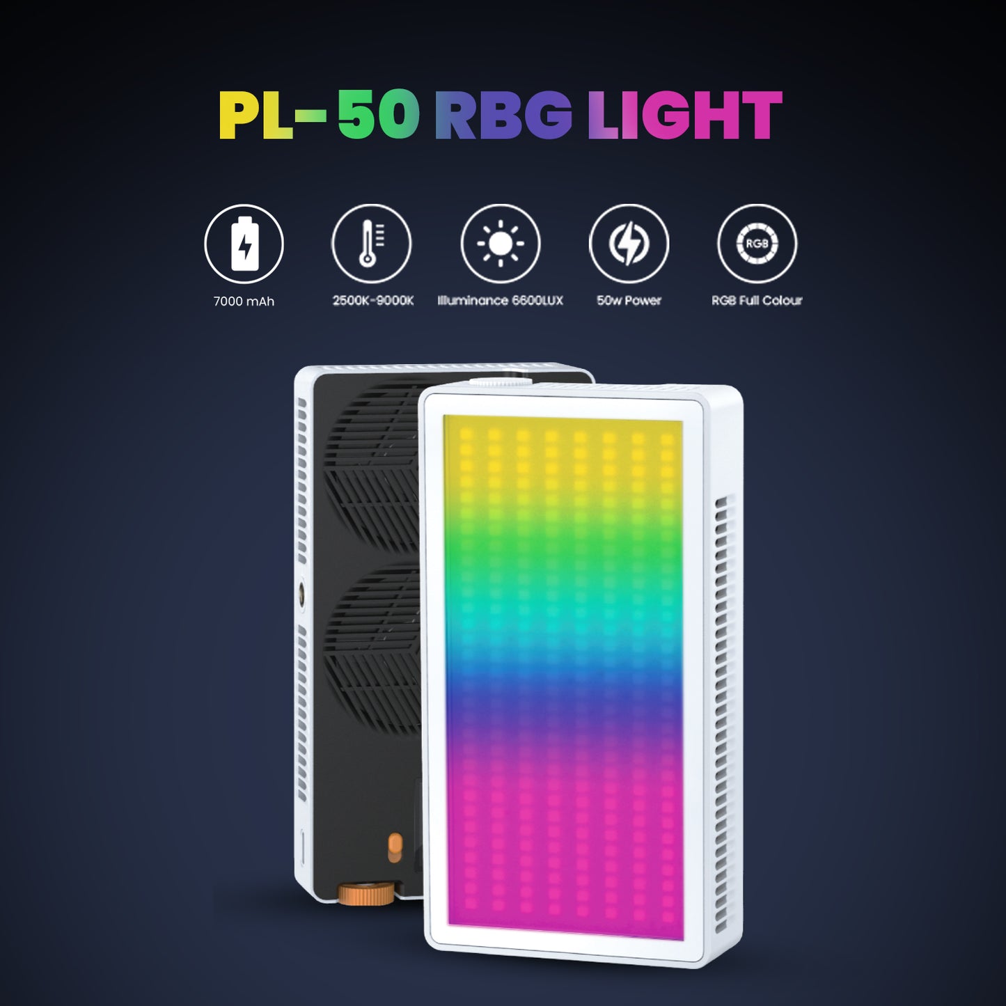 Panel Light 50 Watt RGB Video Light, 2500K-9000K, CRI 95+, 7000mAh, 24 FX, 6600lux