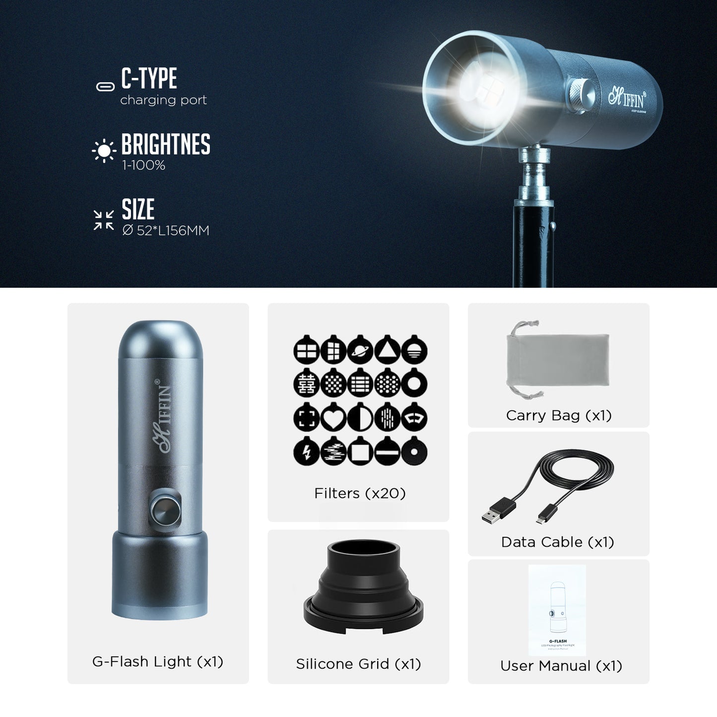 G-Flash 10W RGB LED Light, 7500mAh, 4 Modes, 20 GOBO, USB-C, Dimmable