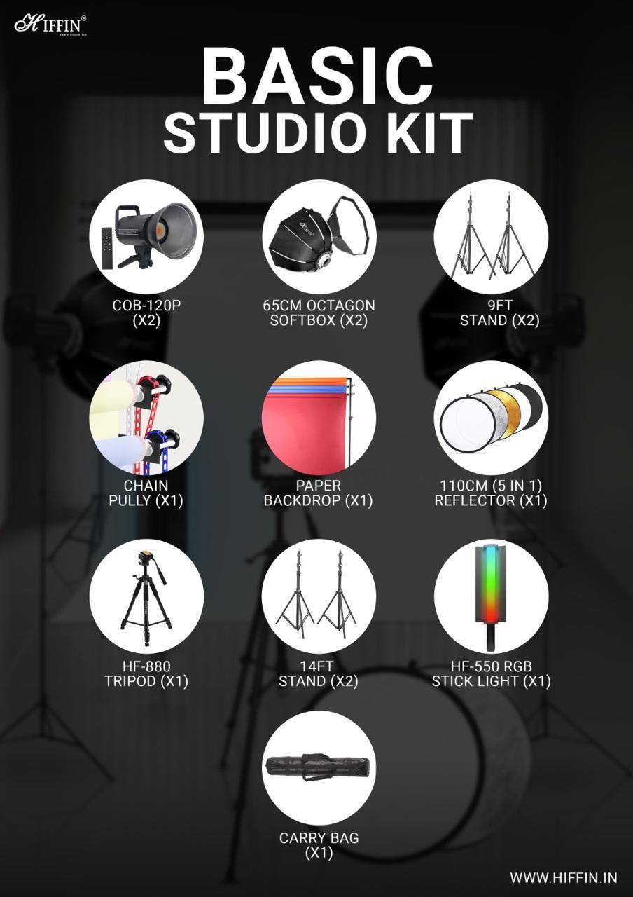 HIFFIN Basic Studio Kit For Photography, Cob-120p, Light Stand, Hf-550 RGB wand, Chain Pully with Paper Backdrop (9*36), and reflectors.
