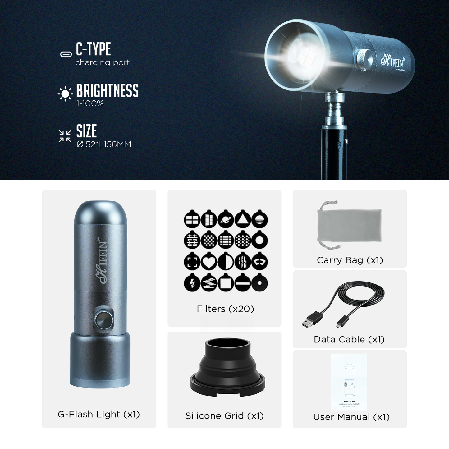 G-Flash 10W RGB LED Light, 7500mAh, 4 Modes, 20 GOBO, USB-C, Dimmable