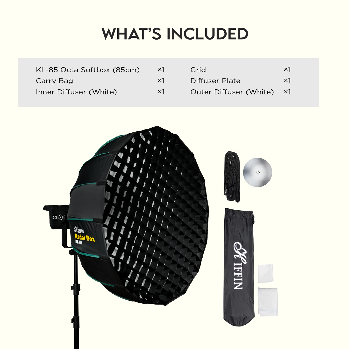 KL-85 (85cm) Octagonal Softbox, Bowens Mount with Grid, 2x Diffusers, Beauty Dish.