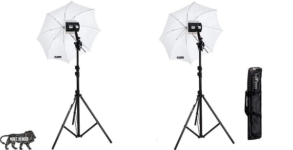 HIFFIN® Studio Home 33 Umbrella Stand Setup with Sungun Pro Bracket Umbrella Adapter B-Bracket and Stand Double Set with Continuous/Video Light with 1000 Watt Halogen Tube B4 Light kit Set of 2
