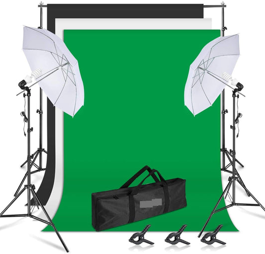 HIFFIN® Photography Lighting Umbrella Kit, 8X14ft Muslin Backdrop Screen, 8.5x10ft Background Support System Continuous Lights Equipment