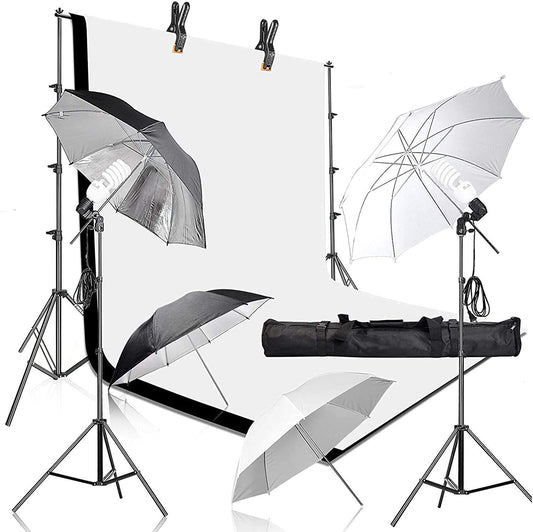 HIFFIN®Daylight Umbrella Continuous Lighting Kit, 8x14ft Background Support System with 2 Muslin backdrops (Black and White) for Photo Studio & 18 W Bulb Product, Portrait and Video Shoot Photography