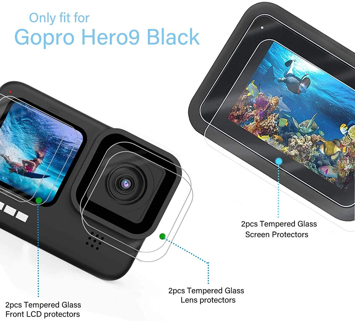 HIFFIN® hero 9 Screen Protector for GoPro Hero 9 Black, Ultra Clear Tempered Glass Screen Protector + Tempered Glass Lens Protector + Tempered Glass Front LCD Display Film for GoPro Hero9 Action Camera