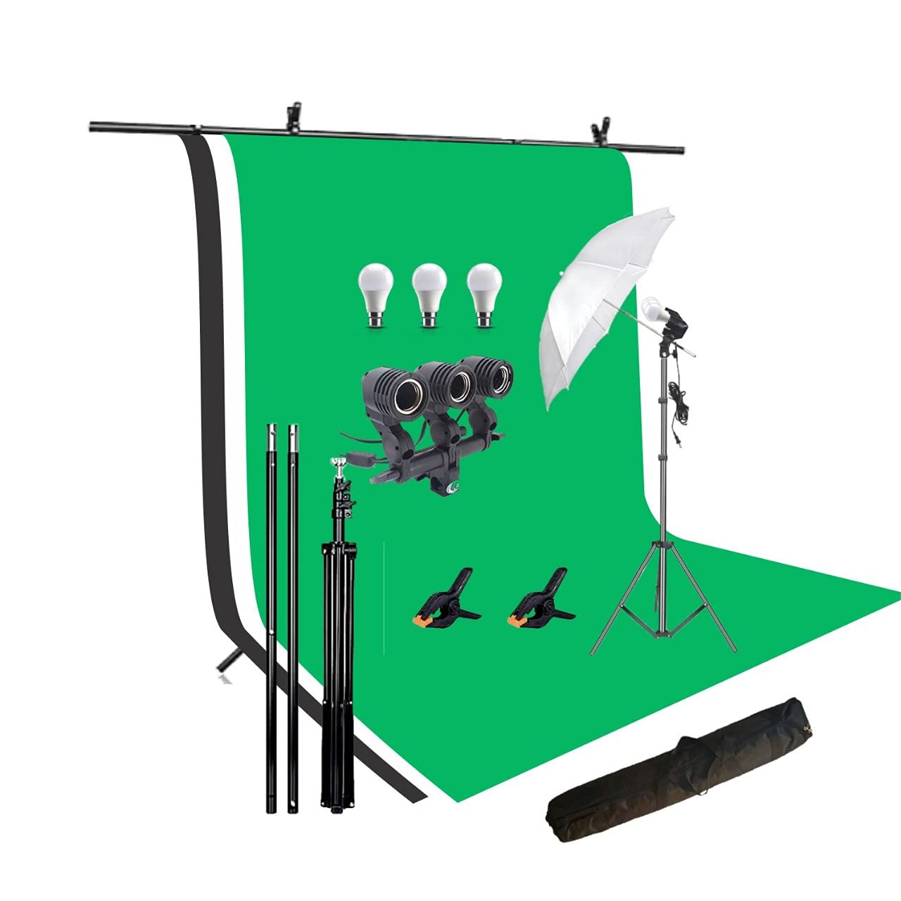 HIFFIN® Green | White | Black Screen Backdrop 8x12 ft with 9 ft Stand - 6x9 ft Photography Backdrop with 2 Pcs Clamps, 1PCs Carry Bag (T Shape Kit C2 C3 Green | White | Black & Triple Holder Kit M1)