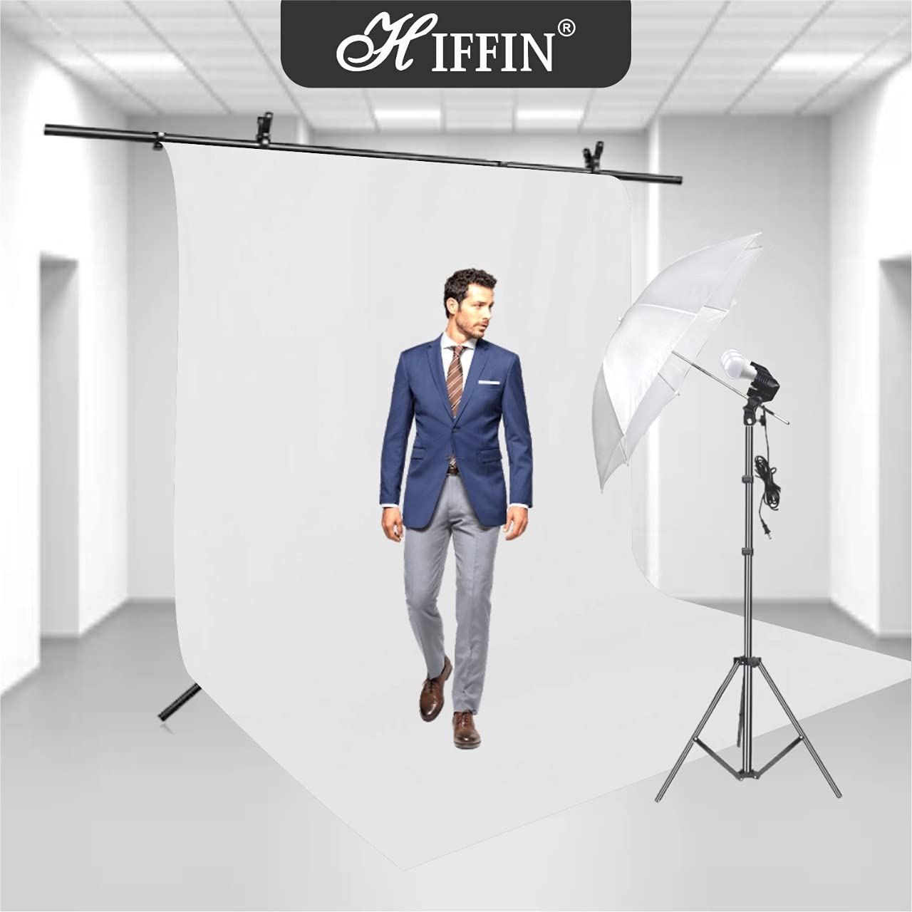 HIFFIN® White Screen Backdrop 8x12 ft with 9 ft Stand - 6x9 ft Photography Backdrop with 2 Pcs Clamps, 1PCs Carry Bag (T Shape Kit C2 C1 White & Triple Holder Kit M1)