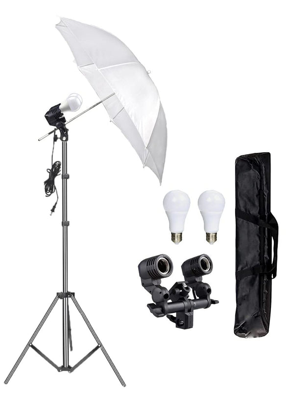 HIFFIN E27 STUDIO DOUBLE HOLDER KIT UMBRELLA WHITE + STUDIO LIGHT STAND 2.7432M (9 FT)+ UMBRELLA AND BULB HOLDER KIT SET OF 1 (1 SINGLE HOLDER,1 LIGHT STAND 9FT,1 UMBRELLA, 1 18 WT LED BLUB)