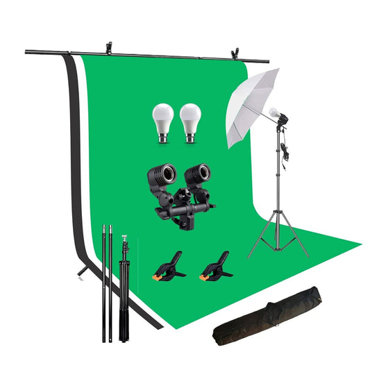 HIFFIN® White Black Green Screen Backdrop 6x10 ft with 9 ft Stand - 6x9 ft Photography Backdrop with 2 Pcs Spring Clamps, 1PCs Carry Bag (T Shape Kit C2 C3 B|W|G & Double Holder Kit M1)