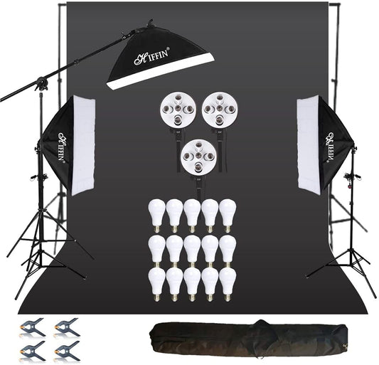 HIFFIN® 5 PRO Quadlux Mark III Soft Led Still & Video Light Softbox 3 Point Lighting Kit with Backdrop Stand, 9x10ft Photo Video Studio Muslin 1 x Curtain Black | Stand Backdrop Support System Kit