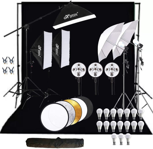HIFFIN® Photography 5 Point Lighting Kit Background Support System with 1 Black Color Backdrop, 2 Umbrella, 3 Softbox, Continuous Lighting Backdrop Kit...