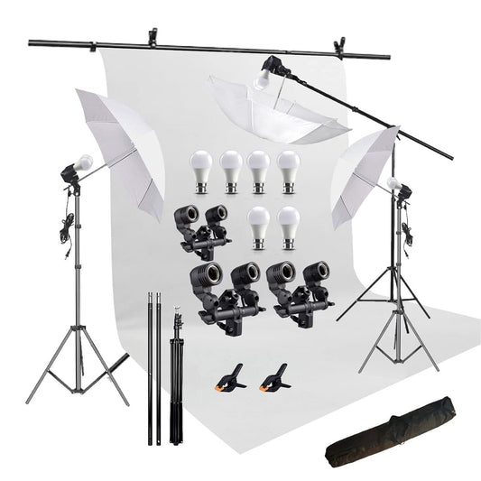 HIFFIN® White Screen Backdrop 8x12 ft with 9 ft Stand - 3 Packs 6x9 ft Photography Backdrop with 2 Pcs Spring Clamps, 1PCs Carry Bag (T Shape Kit C2 C1 W & Double Holder Kit M3)