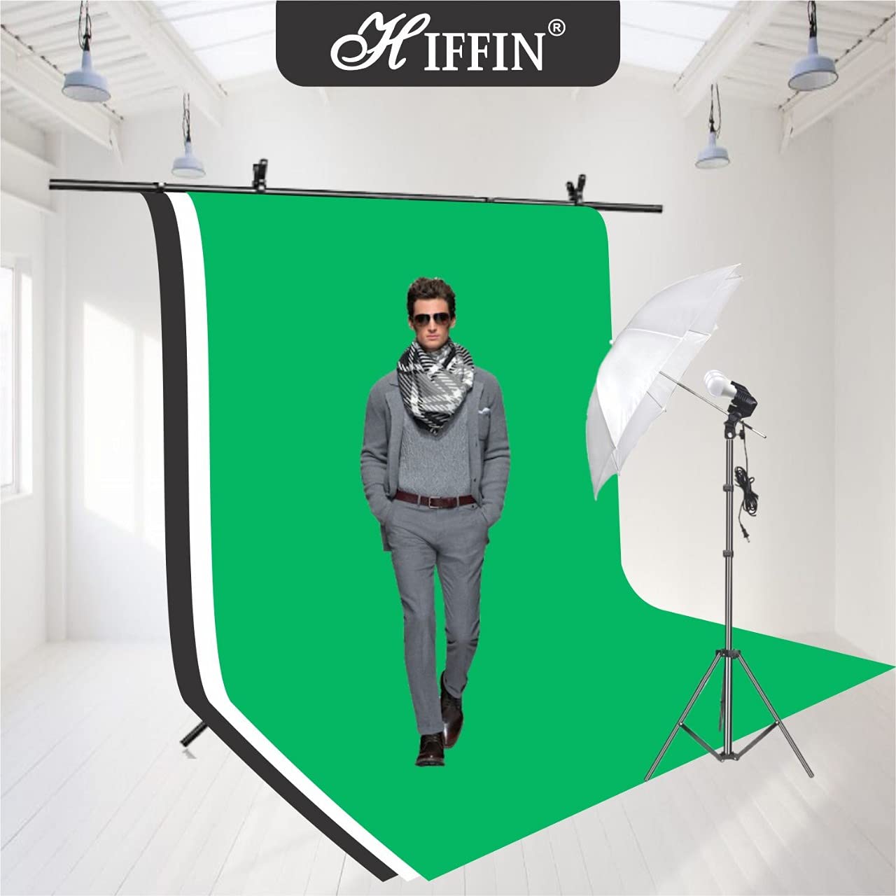 HIFFIN® Green | White | Black Screen Backdrop 8x12 ft with 9 ft Stand - 6x9 ft Photography Backdrop with 2 Pcs Clamps, 1PCs Carry Bag (T Shape Kit C2 C3 Green | White | Black & Triple Holder Kit M1)