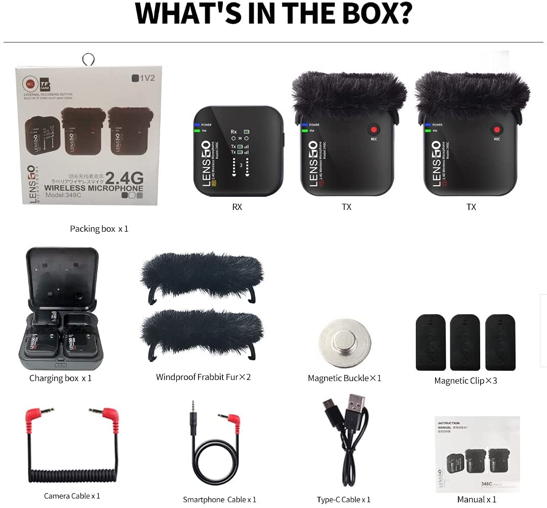 LENSGO 348-C Compact Wireless Microphone System Transmitter/Receiver Wireless Solution with Magnetic Gear Clip-On Lavalier Microphone (2 TX & 1 RX)