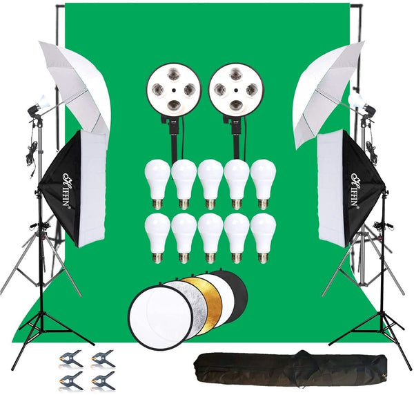 HIFFIN® Lighting Kit Adjustable Max Size 8x14ft Background Support System 1 Green Color Backdrop Fabric Photo Studio Softbox Sets Continuous Umbrella...