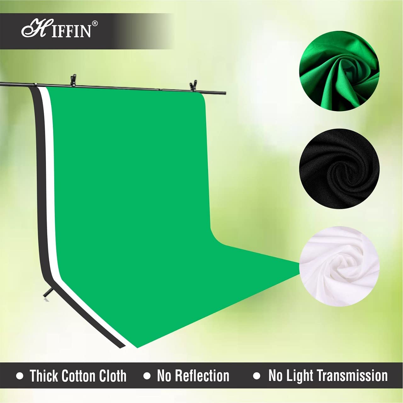 HIFFIN® White | Green | Black Screen Backdrop 8x12 ft with 9 ft Stand - 3 Packs 6x9 ft Photography Backdrop with 2 Pcs Spring Clamps, 1PCs Carry Bag (T Shape Kit C2 C3 G|B|W & Double Holder Kit M2)