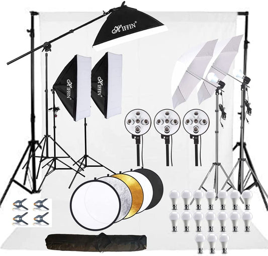 HIFFIN® Photography 5 Point Lighting Kit Background Support System with 1 White Color Backdrop, 2 Umbrella, 3 Softbox, Continuous Lighting Backdrop Kit...
