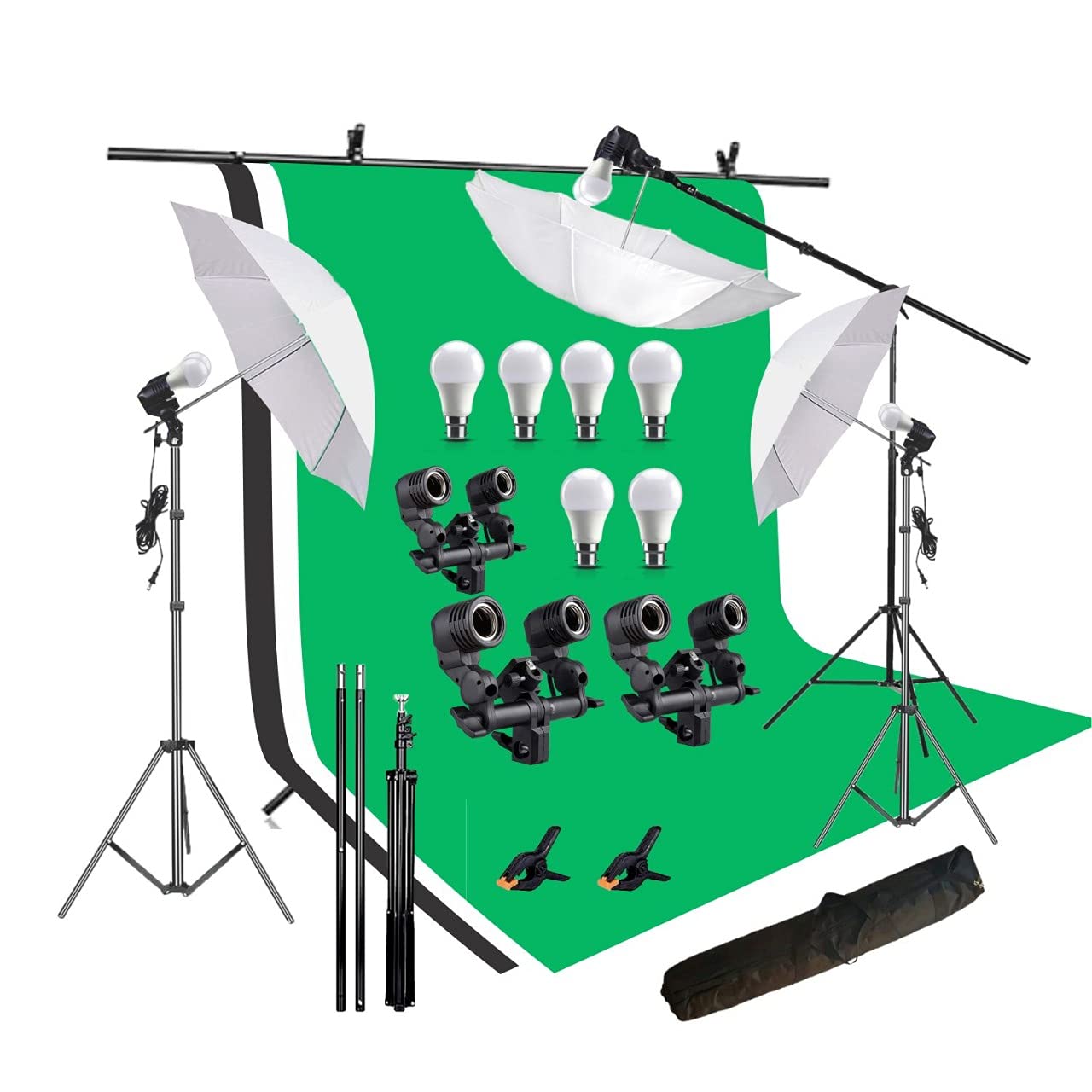 HIFFIN® Green White Black Screen Backdrop 8x12 ft with 9 ft Stand - 3 Packs 6x9 ft Photography Backdrop with 2 Pcs Spring Clamps, 1PCs Carry Bag (T Shape Kit C2 C3 G|B|W & Double Holder Kit M3)