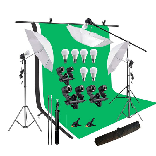 HIFFIN® Green White Black Screen Backdrop 8x12 ft with 9 ft Stand - 3 Packs 6x9 ft Photography Backdrop with 2 Pcs Spring Clamps, 1PCs Carry Bag (T Shape Kit C2 C3 G|B|W & Double Holder Kit M3)