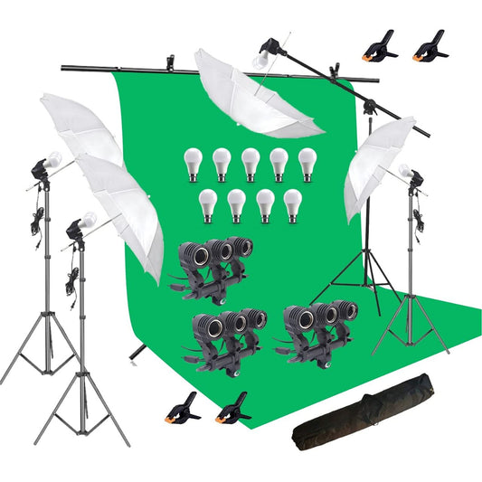 HIFFIN® Green Screen Backdrop 8x12 ft with 9 ft Stand - 6x9 ft Photography Backdrop with 2 Pcs Clamps, 1PCs Carry Bag (T Shape Kit C2 C1 Green & Triple Holder Kit M4)