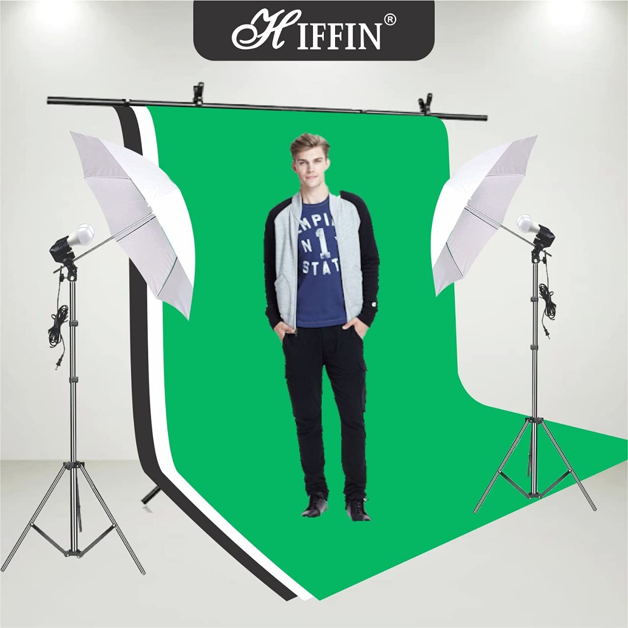 HIFFIN® White | Green | Black Screen Backdrop 8x12 ft with 9 ft Stand - 3 Packs 6x9 ft Photography Backdrop with 2 Pcs Spring Clamps, 1PCs Carry Bag (T Shape Kit C2 C3 G|B|W & Double Holder Kit M2)