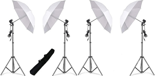 HIFFIN® E27 Studio Single Holder KIT Umbrella White + Studio Light Stand 9 FT+ Umbrella and Bulb Holder KIT Mark IV (4 Single Holder,4 Light Stand 9FT,4 Umbrella, 1 Bag for Kit) (WOB)