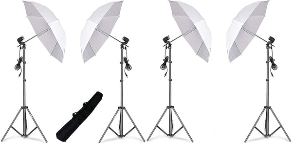 HIFFIN® E27 Studio Single Holder KIT Umbrella White + Studio Light Stand 9 FT+ Umbrella and Bulb Holder KIT Mark IV (4 Single Holder,4 Light Stand 9FT,4 Umbrella, 1 Bag for Kit) (WOB)