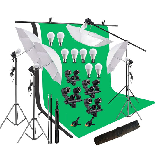 HIFFIN® White Black Green Screen Backdrop 8x12 ft with 9 ft Stand - 3 Packs 6x9 ft Photography Backdrop with 2 Pcs Spring Clamps, 1PCs Carry Bag (T Shape Kit C2 C3 B|W|G & Double Holder Kit M4)