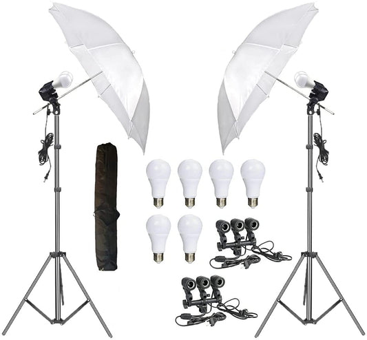 HIFFIN® E27 Studio Triple Holder KIT Mark II Umbrella White + Studio Light Stand 9 FT+ Umbrella and Bulb Holder Kit (2 Triple Holder,2 Light Stand 9FT,2 Umbrella, 6 20 W LED Bulb)
