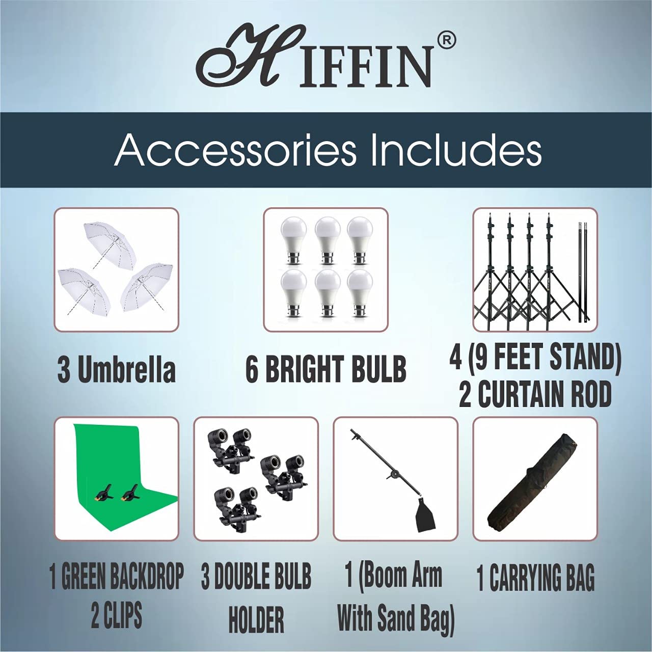 HIFFIN® Green Screen Backdrop 8x12 ft with 9 ft Stand - 3 Packs 6x9 ft Photography Backdrop with 2 Pcs Spring Clamps, 1PCs Carry Bag (T Shape Kit C2 C1 G & Double Holder Kit M3)