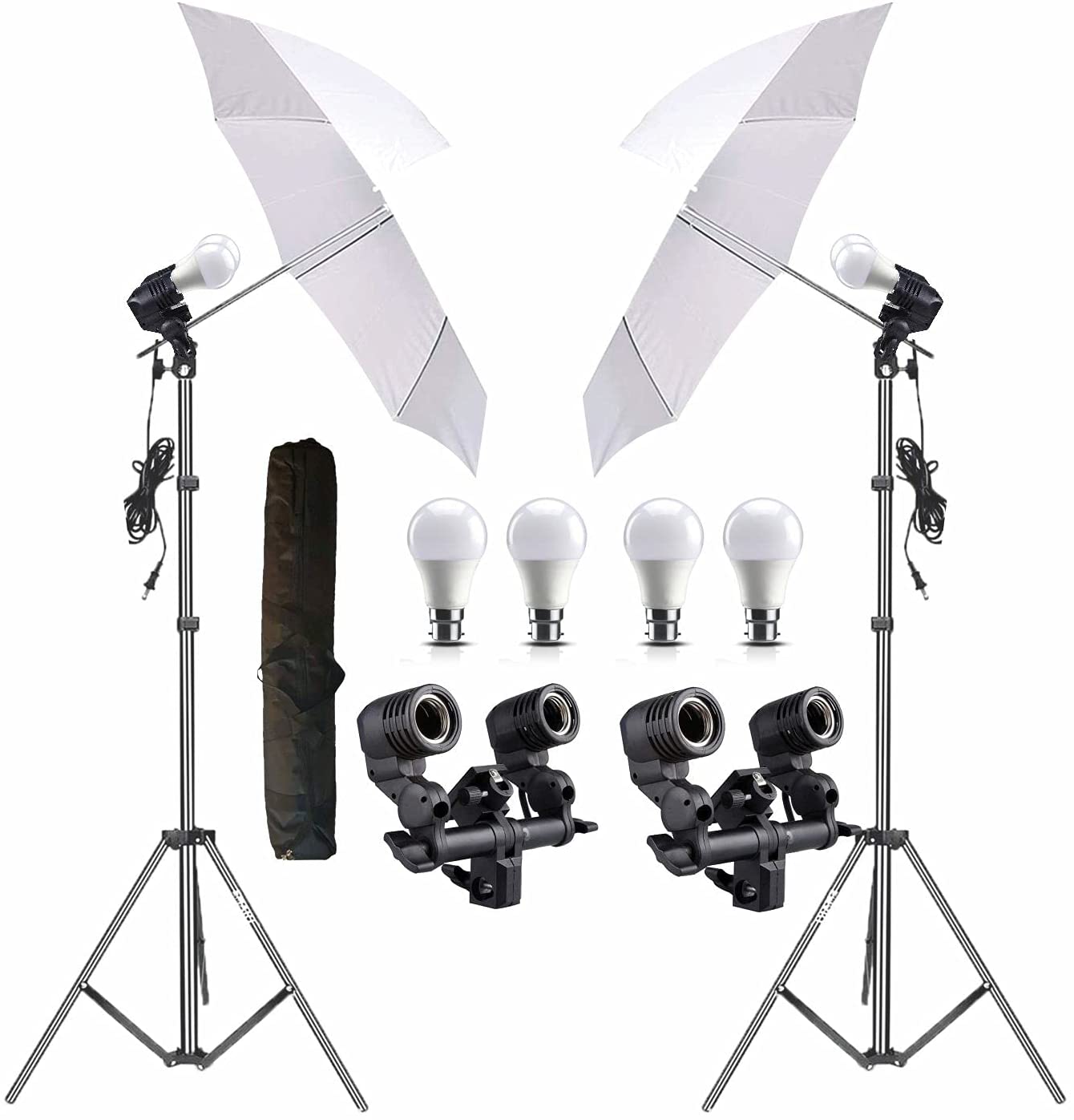 HIFFIN E27 Studio Double Holder KIT Umbrella White + Studio Light Stand 2.7432M (9 FT)+ Umbrella and Bulb Holder KIT Set of 2