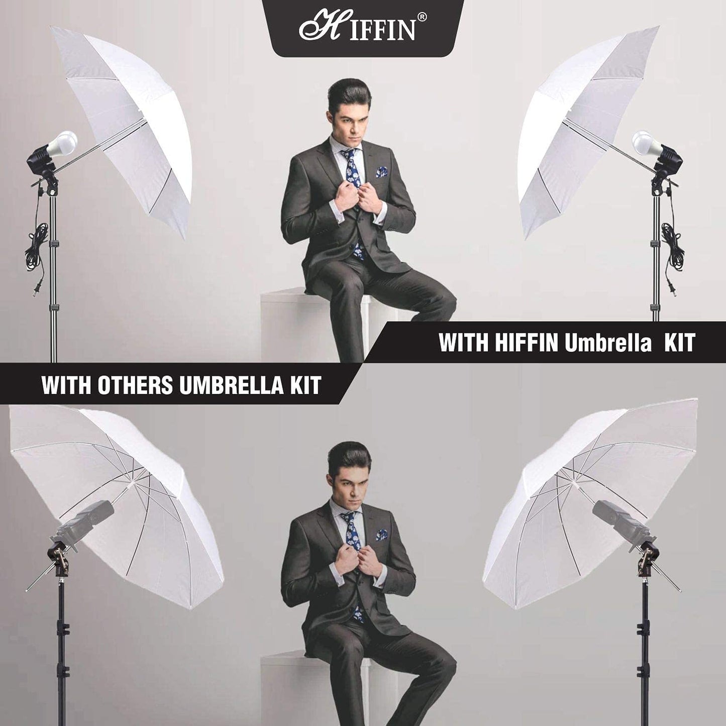 HIFFIN® E27 3 Point Studio Double Holder Kit Umbrella White + Studio Light Stand 9 FT Bulb Holder KIT Mark III | 3 Double Holder | 3 Light Stand 9ft | 3 Umbrella | 6 20 W LED Bulb | 1 Boom