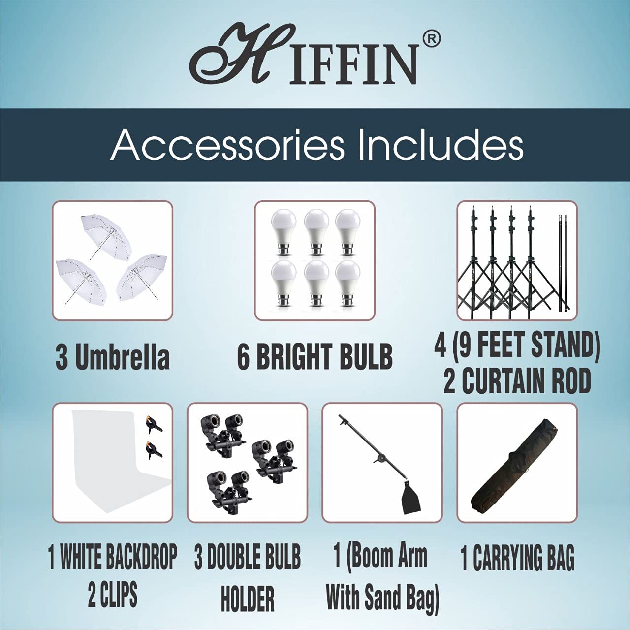 HIFFIN® White Screen Backdrop 8x12 ft with 9 ft Stand - 3 Packs 6x9 ft Photography Backdrop with 2 Pcs Spring Clamps, 1PCs Carry Bag (T Shape Kit C2 C1 W & Double Holder Kit M3)