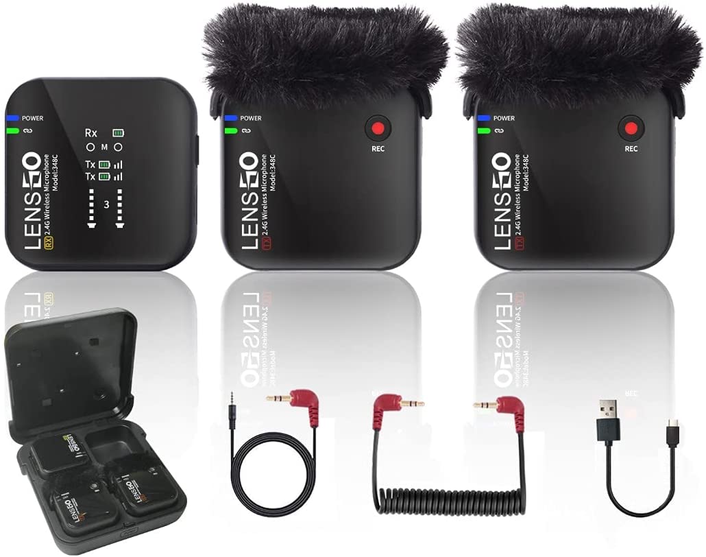 LENSGO 348-C Compact Wireless Microphone System Transmitter/Receiver Wireless Solution with Magnetic Gear Clip-On Lavalier Microphone (2 TX & 1 RX)