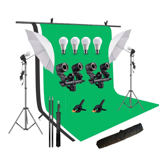 HIFFIN® White | Green | Black Screen Backdrop 8x12 ft with 9 ft Stand - 3 Packs 6x9 ft Photography Backdrop with 2 Pcs Spring Clamps, 1PCs Carry Bag (T Shape Kit C2 C3 G|B|W & Double Holder Kit M2)
