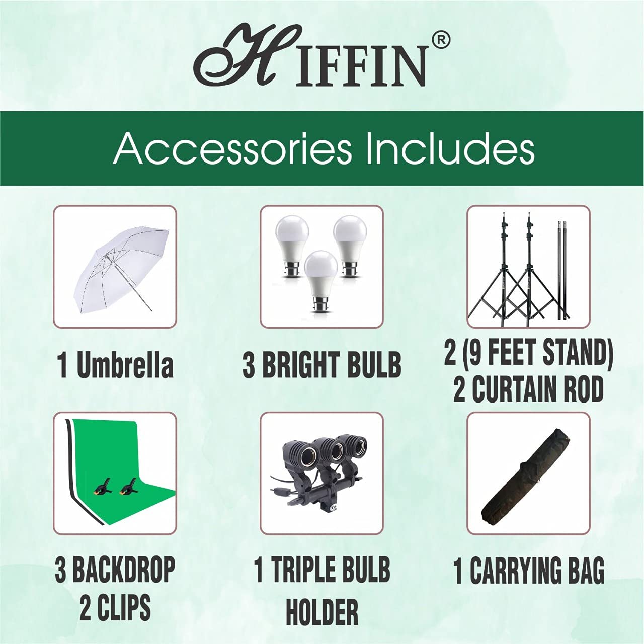 HIFFIN® Green | White | Black Screen Backdrop 8x12 ft with 9 ft Stand - 6x9 ft Photography Backdrop with 2 Pcs Clamps, 1PCs Carry Bag (T Shape Kit C2 C3 Green | White | Black & Triple Holder Kit M1)