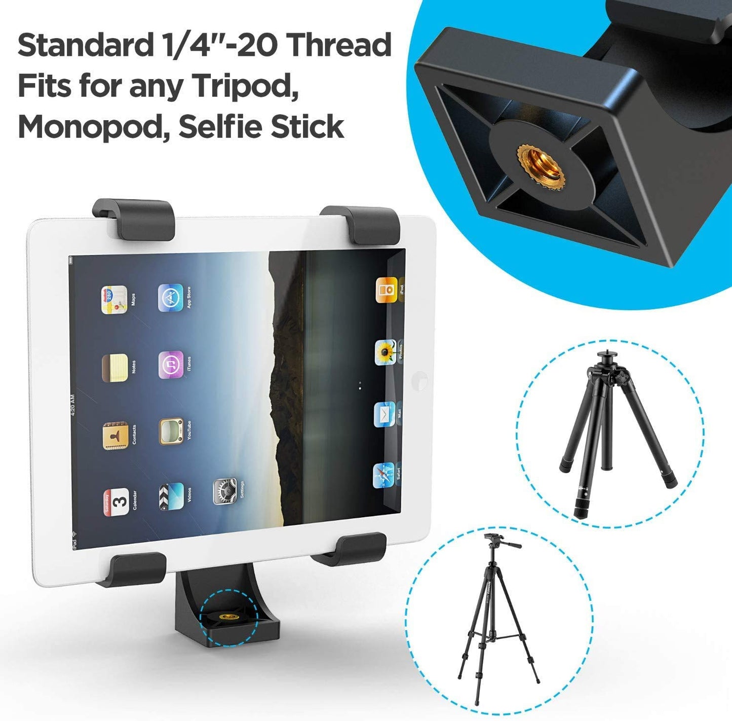 HIFFIN® iPad Tripod Mount Adapter Universal Tablet Holder Fits Ipad Air, Mini, Surface, Nexus and Most Tablets, Use on Tripod, Monopod, Selfie Stick, Tabletop Tripod Stand (IPAD Holder)