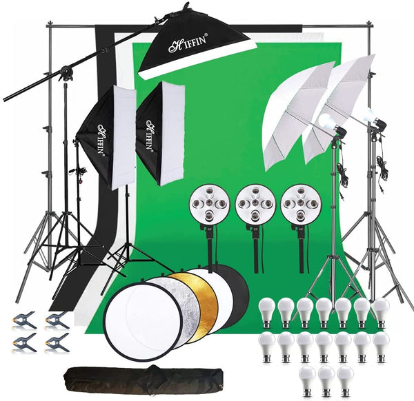 HIFFIN® Photography 5 Point Lighting Kit Background Support System with 3 Color Backdrop, 2 Umbrella, 3 Softbox, Continuous Lighting Backdrop Kit for...