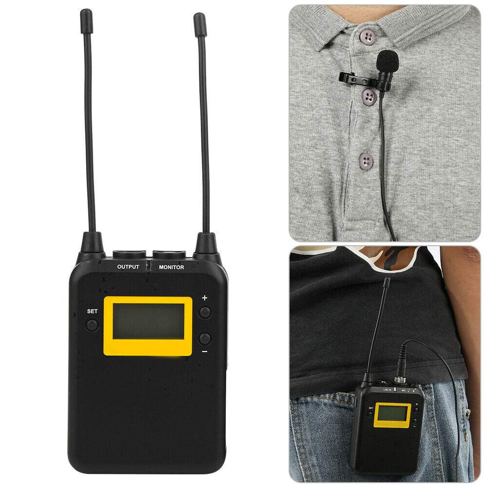 LENSGO LWM-328C Wireless Microphone System, 99-Channel UHF Professional Omnidirectional Wireless Lavalier Lapel Mic with 1 Transmitter & 1 Receiver for All Smartphone Camcorder Canon Nikon DSLR Camera