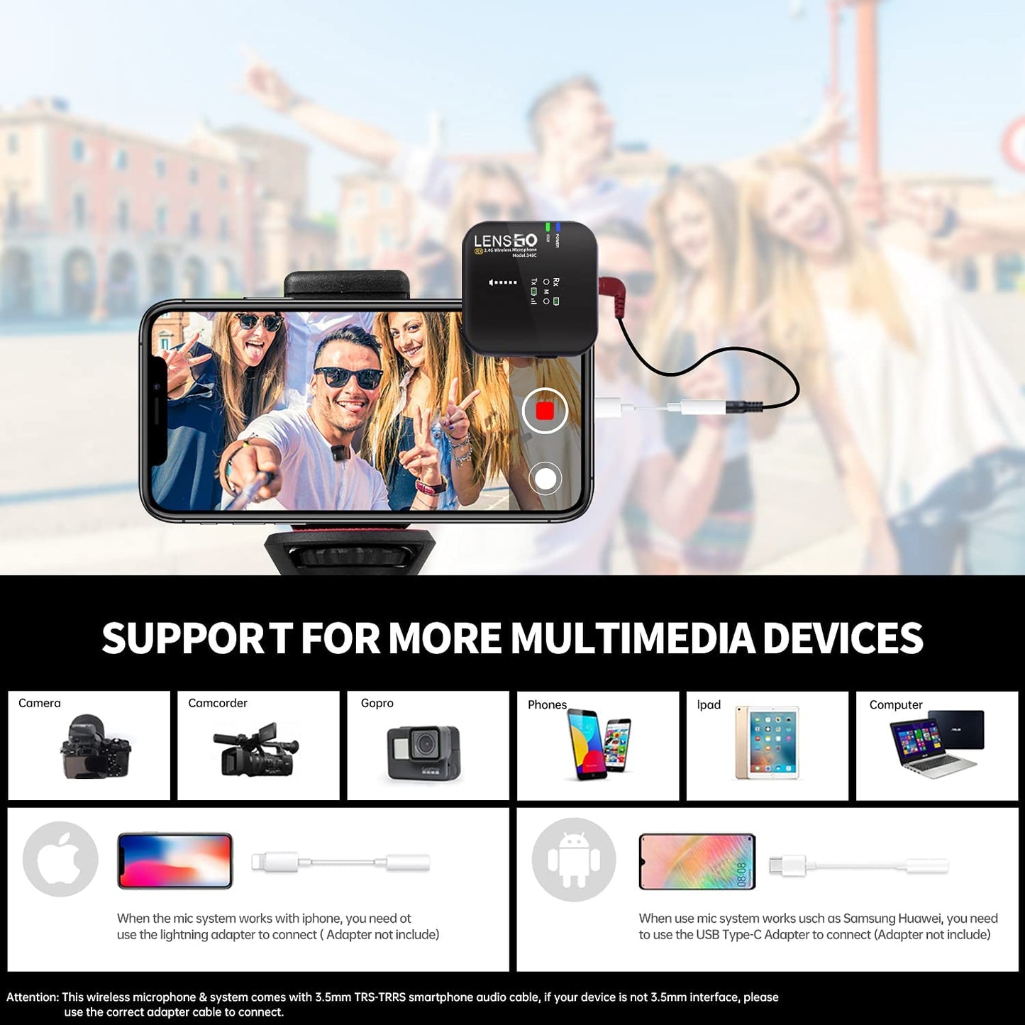 LENSGO 348-C Compact Wireless Microphone System Transmitter/Receiver Wireless Solution with Magnetic Gear Clip-On Lavalier Microphone (2 TX & 1 RX)