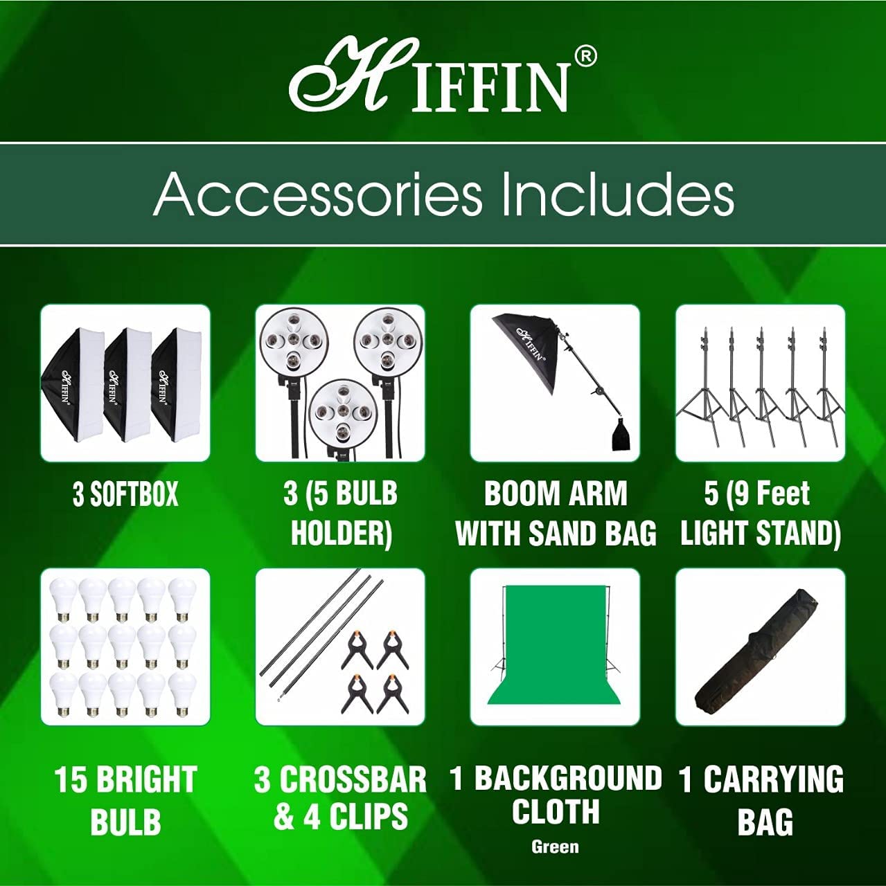 HIFFIN® 5 PRO Quadlux Mark III Soft Led Still & Video Light Softbox 3 Point Lighting Kit with Backdrop Stand, 9x10ft Photo Video Studio Muslin 1 x Curtain Green | Stand Backdrop Support System Kit