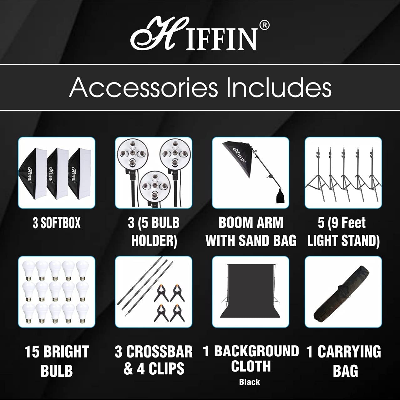 HIFFIN® 5 PRO Quadlux Mark III Soft Led Still & Video Light Softbox 3 Point Lighting Kit with Backdrop Stand, 9x10ft Photo Video Studio Muslin 1 x Curtain Black | Stand Backdrop Support System Kit