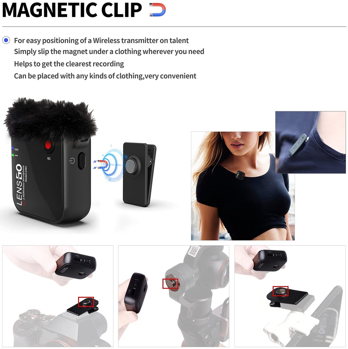 LENSGO 348-C Compact Wireless Microphone System Transmitter/Receiver Wireless Solution with Magnetic Gear Clip-On Lavalier Microphone (2 TX & 1 RX)