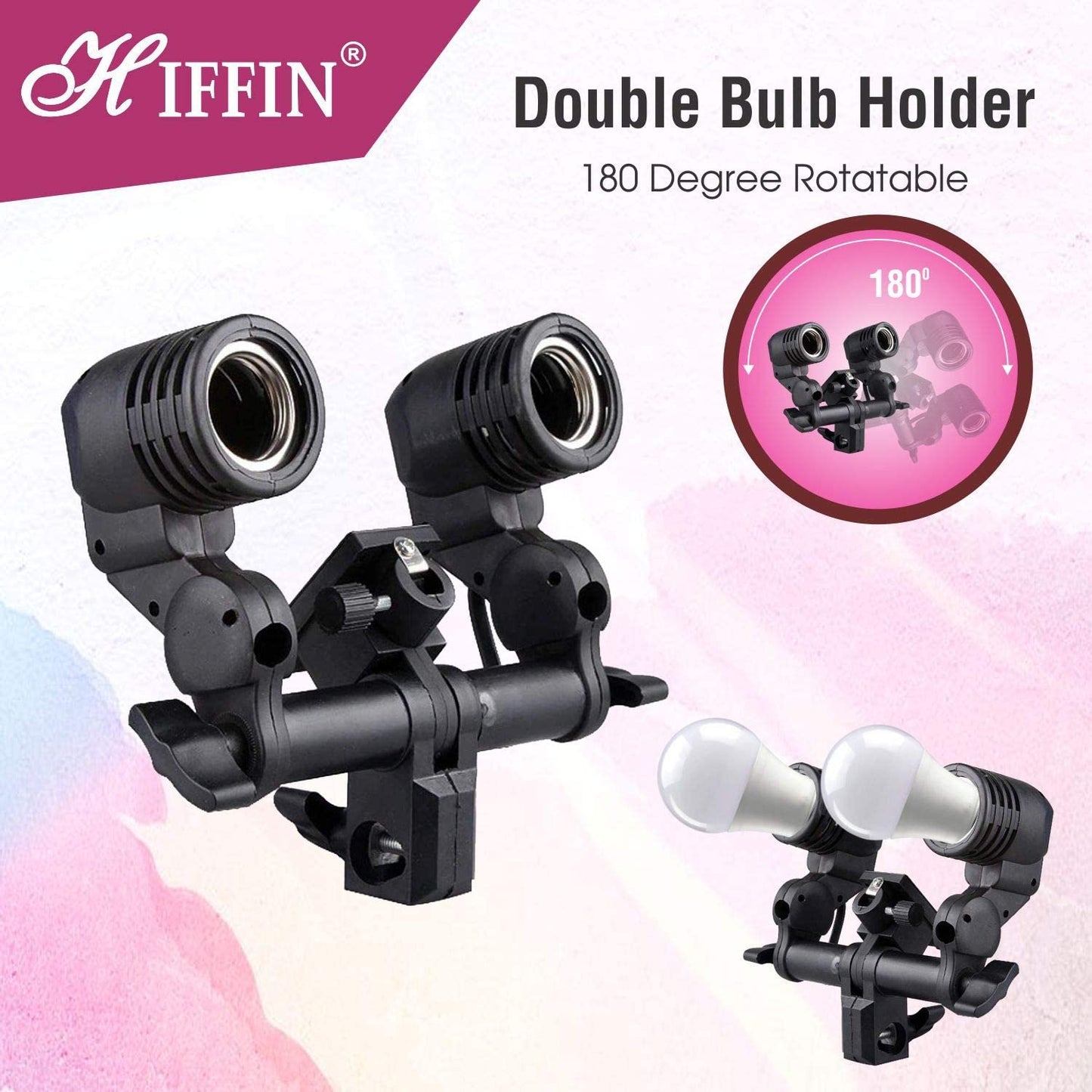 HIFFIN E27 Studio Double Holder KIT Umbrella White + Studio Light Stand 2.7432M (9 FT)+ Umbrella and Bulb Holder KIT Set of 2